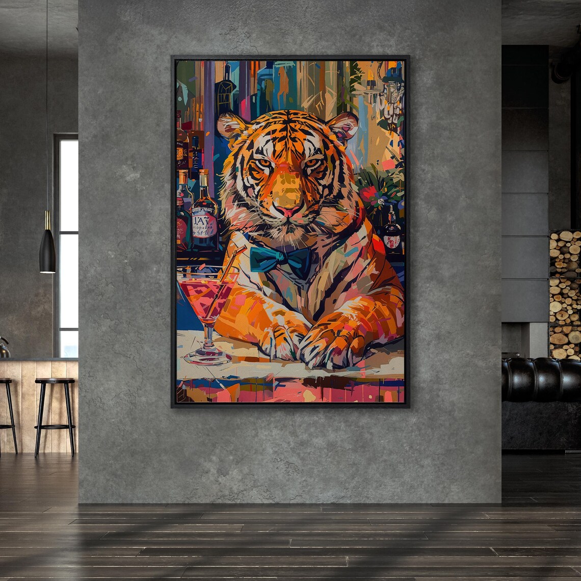 Colorful Abstract Tiger With Drink, Surreal Bar Print - Image 6
