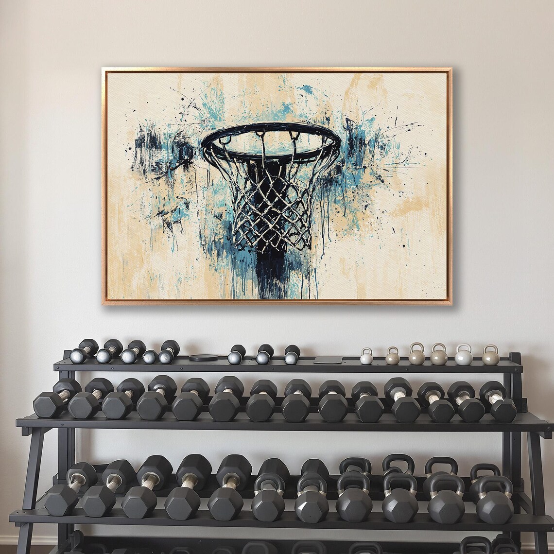Graffiti Basketball Hoop With Teal Splatter On Warm Beige Print - Image 4