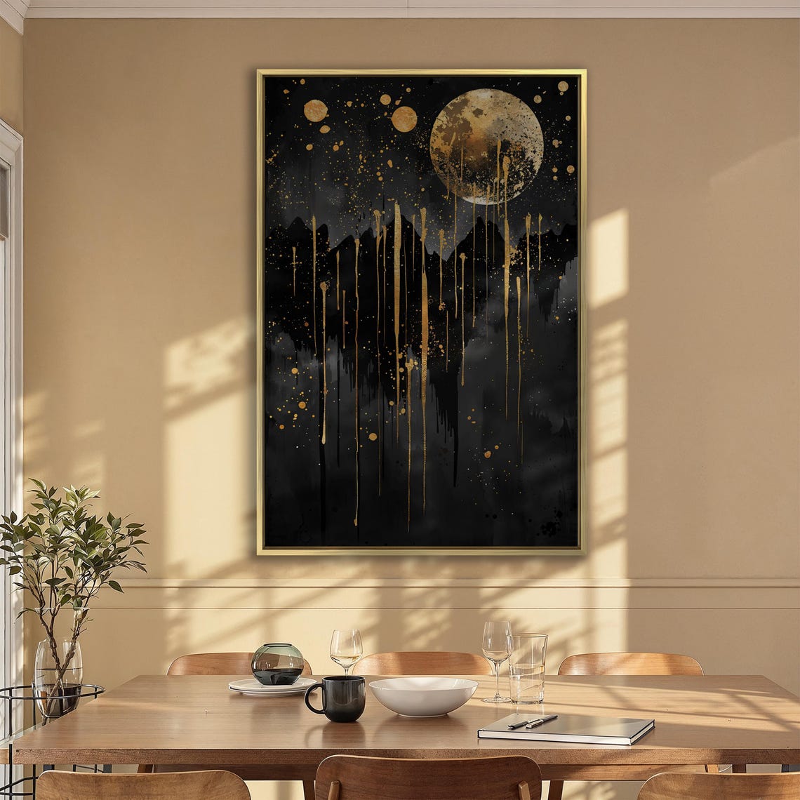 Black And Gold Dripping Moon Over Mountain Silhouette Art Poster - Image 6