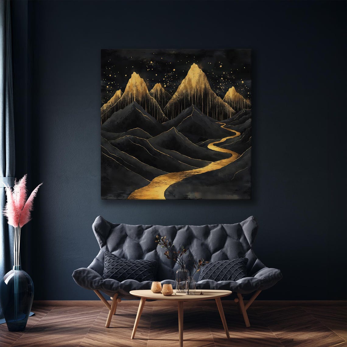 Black And Gold Mountain Peaks With Golden River Night Poster - Image 5
