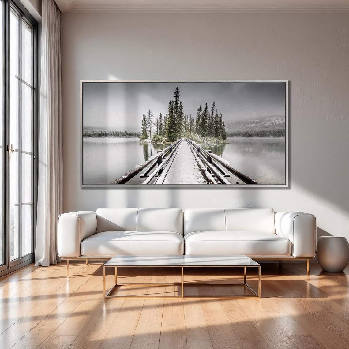 Jasper National Park Pyramid Lake Snowy Bridge Canadian Large Wall Art - Image 5