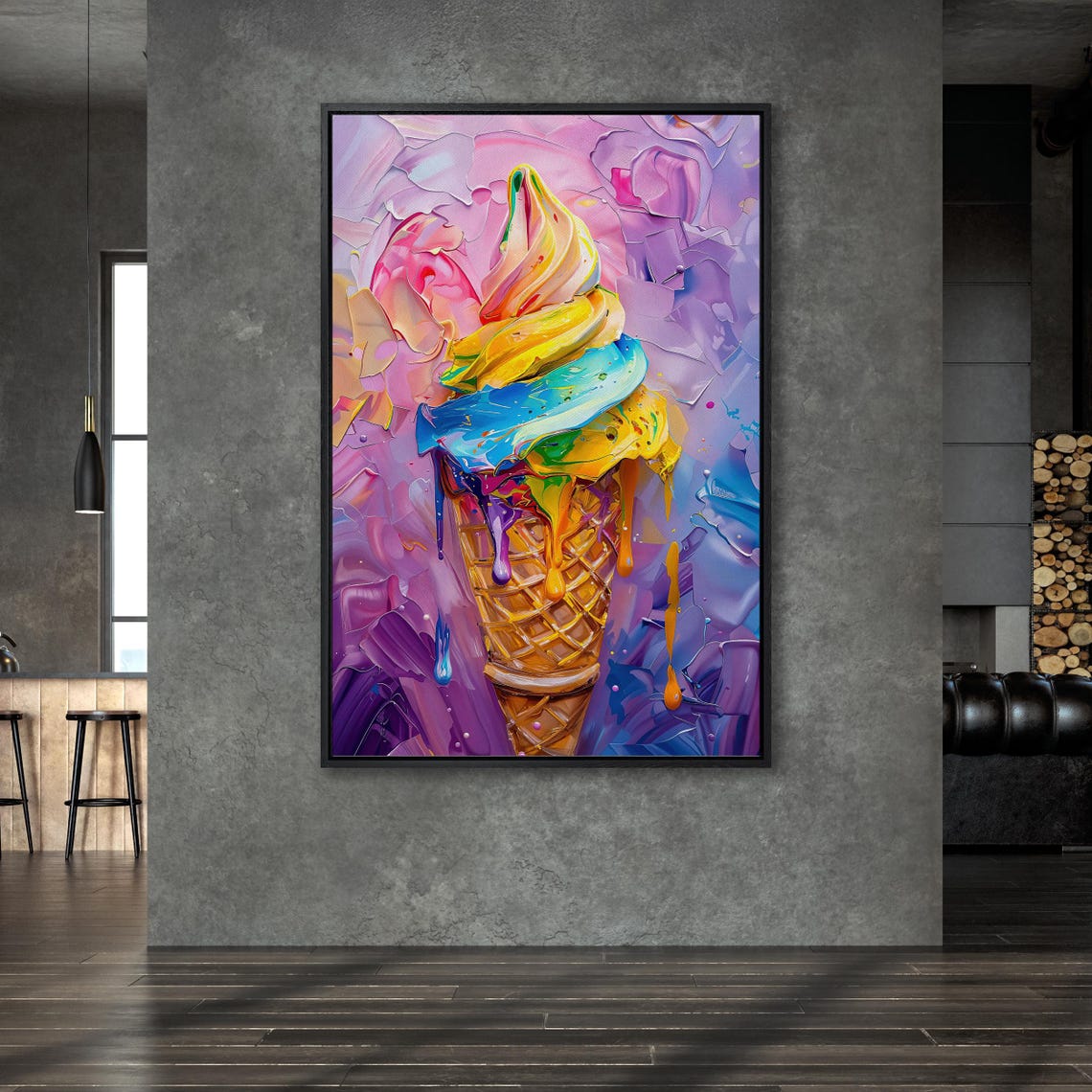 Rainbow Ice Cream Cone Impasto Oil Painting Dessert Art Poster - Image 2