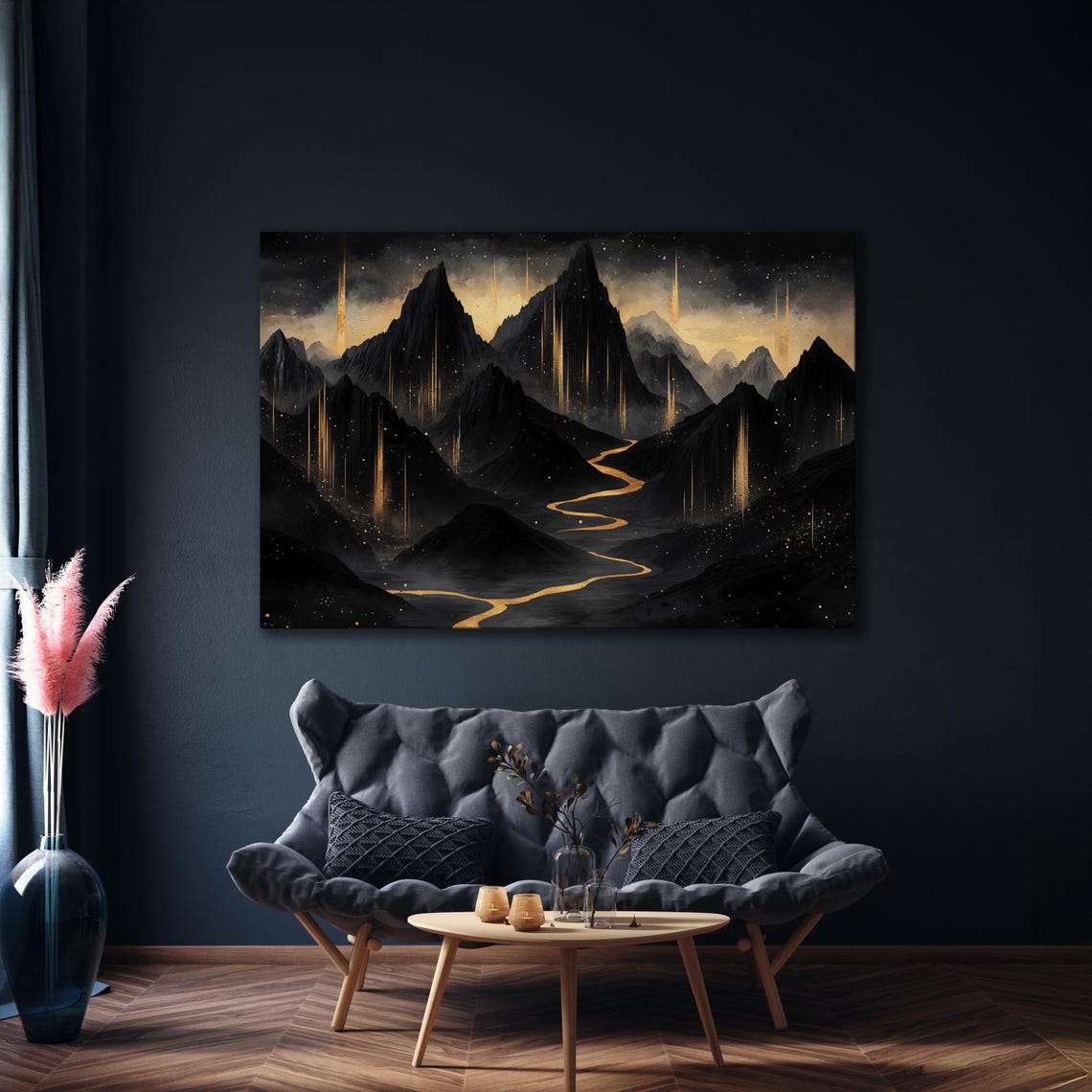 Starry Night Mountain Valley with Winding Golden River Art Poster - Image 4