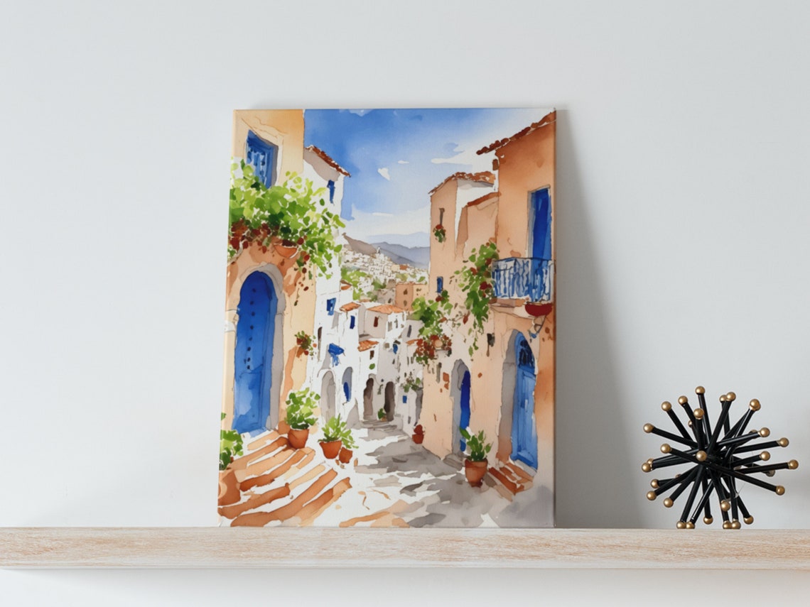 Mykonos Greece Watercolor With Whitewashed Village Street Poster