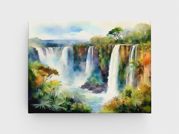 Iguazu Falls Watercolor Art Canvas Argentina Wall Print South America Decor Waterfall Nature Landscape Colorful
