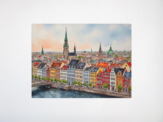 Copenhagen Watercolor Art Canvas Denmark Europe City Print Bergen Souvenir Wall Travel Lover Gift