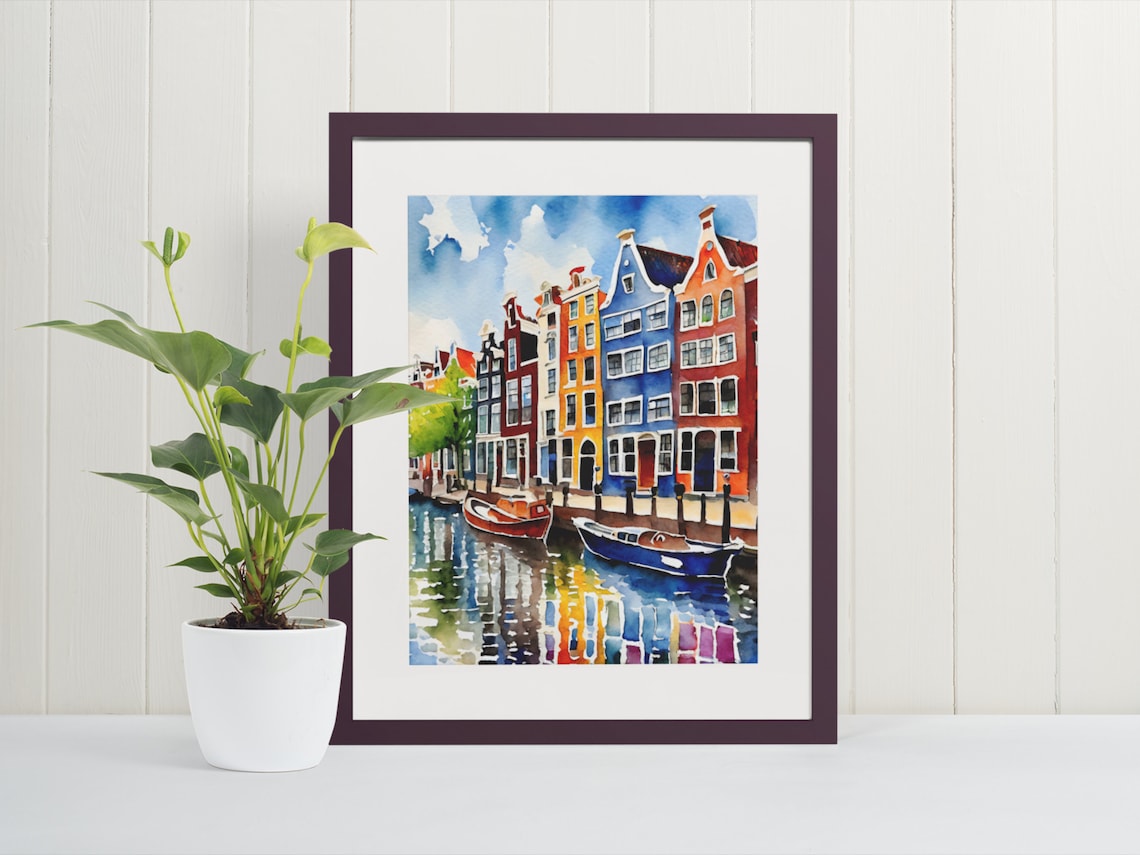 Amsterdam Watercolor Travel Poster, Netherlands Europe