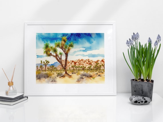 Joshua Tree National Park Desert Watercolor Cactus Rocks Wall Art