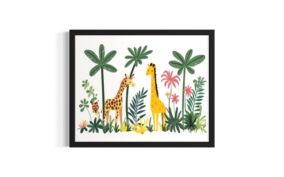 Giraffe Jungle Safari Animals Kids Tropical Illustration Poster