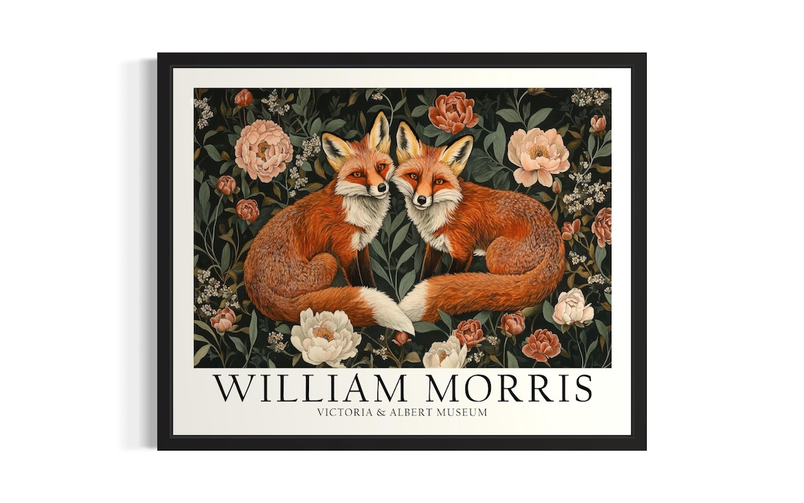 William Morris Red Fox Pair Resting In Peony Garden Vintage Poster