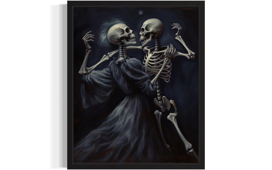 Two Dancing Skeletons In Midnight Ballroom Danse Macabre Poster
