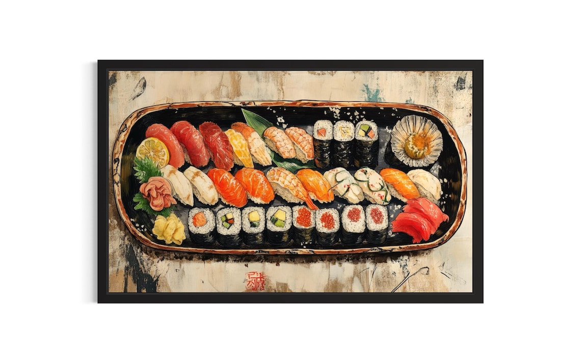 Overhead Sushi Platter Boat Watercolor Japanese Food Art Poster