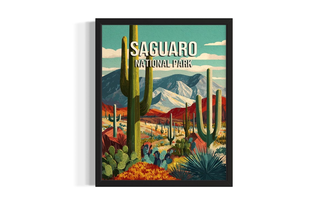 Saguaro National Park Desert Cacti and Mountain Vintage Travel Poster