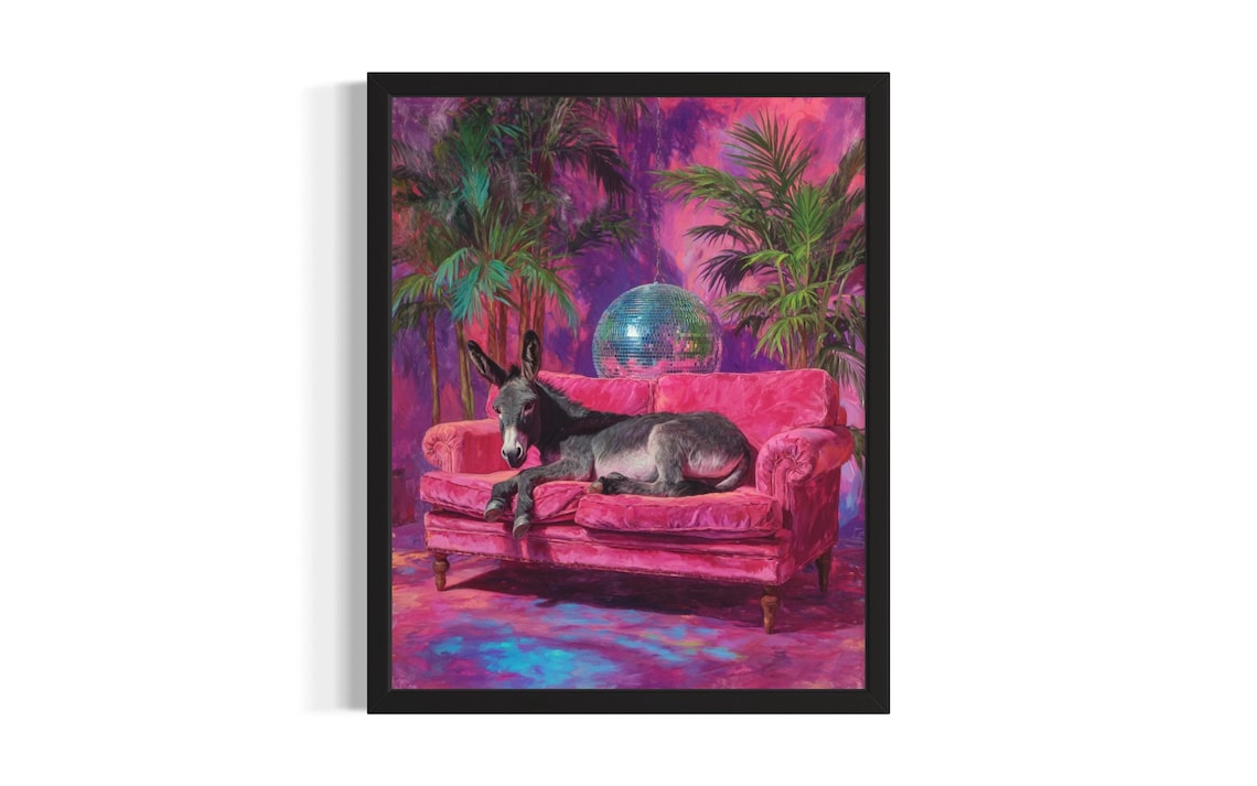 Donkey Lounging on Pink Velvet Sofa with Disco Ball Party Poster