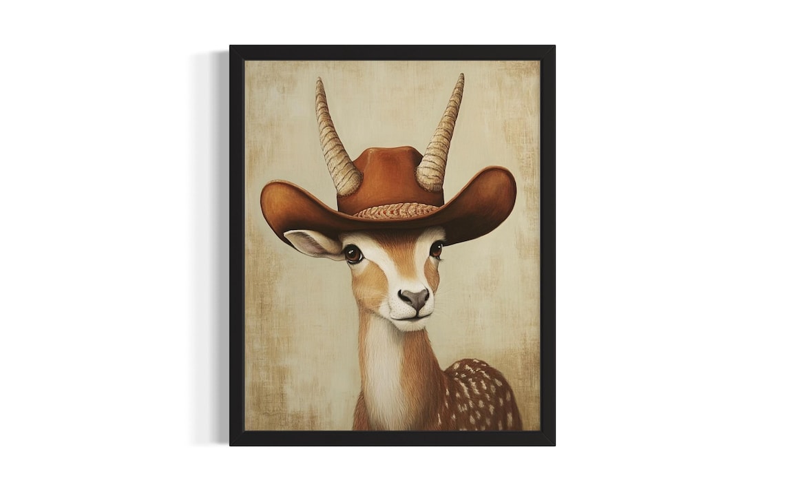 Antelope in a Cowboy Hat Wild Western Oil Painting Portrait Poster