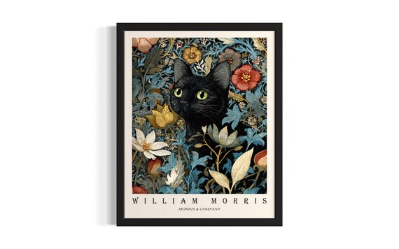 Black Cat William Morris Floral Botanical Feline Portrait Poster