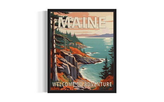 Maine Autumn Coast Welcome to Adventure Vintage Travel Style Poster