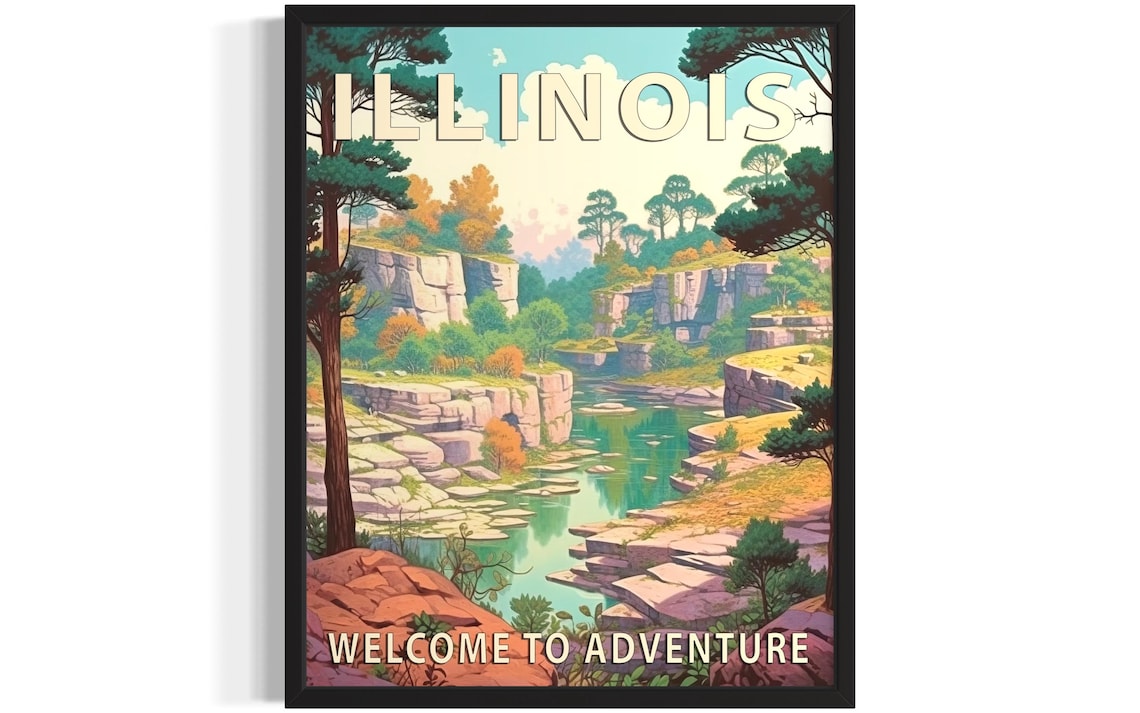 Illinois Welcome to Adventure River Canyon Vintage Travel Poster