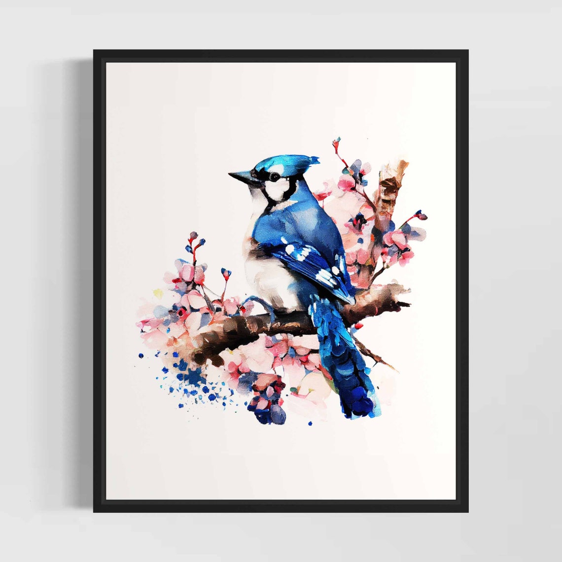 Brilliant Blue Jay On Pink Blossom Branch Watercolor Bird Poster