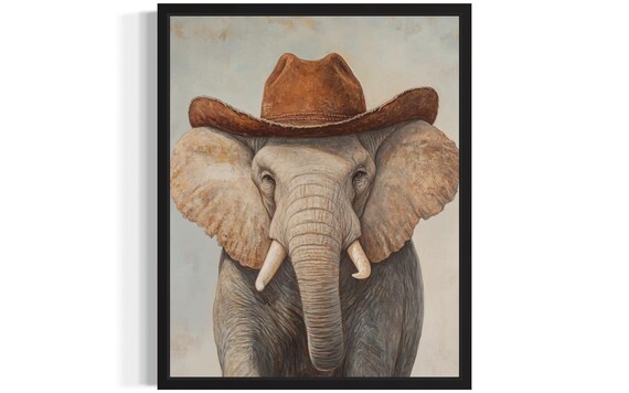 Gentle Elephant in Cowboy Hat Funny Western Animal Portrait Poster