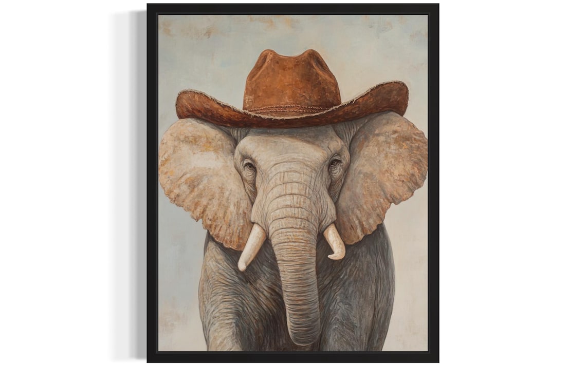 Gentle Elephant in Cowboy Hat Funny Western Animal Portrait Poster