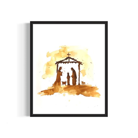Tender Nativity Scene Under the Cross Sepia Watercolor Poster