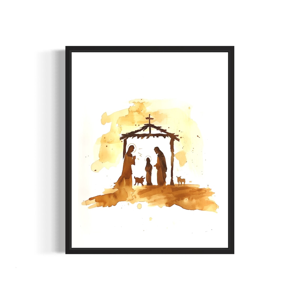 Tender Nativity Scene Under the Cross Sepia Watercolor Poster