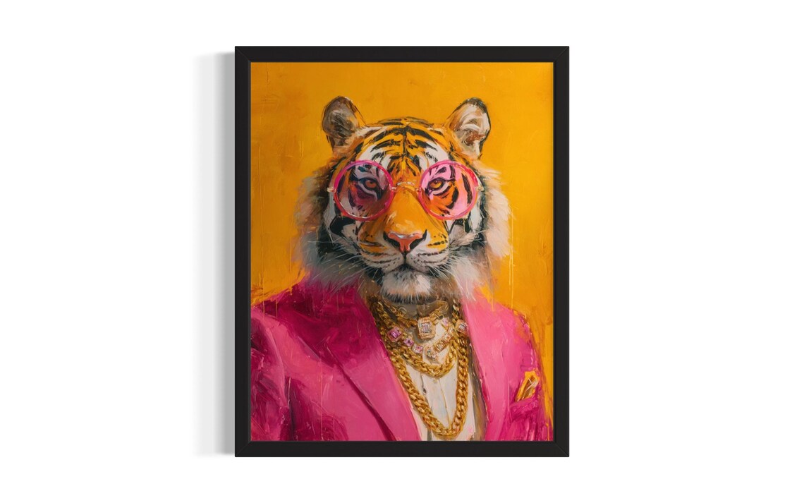 Funky Tiger in Pink Suit with Pink Sunglasses and Gold Chains Poster