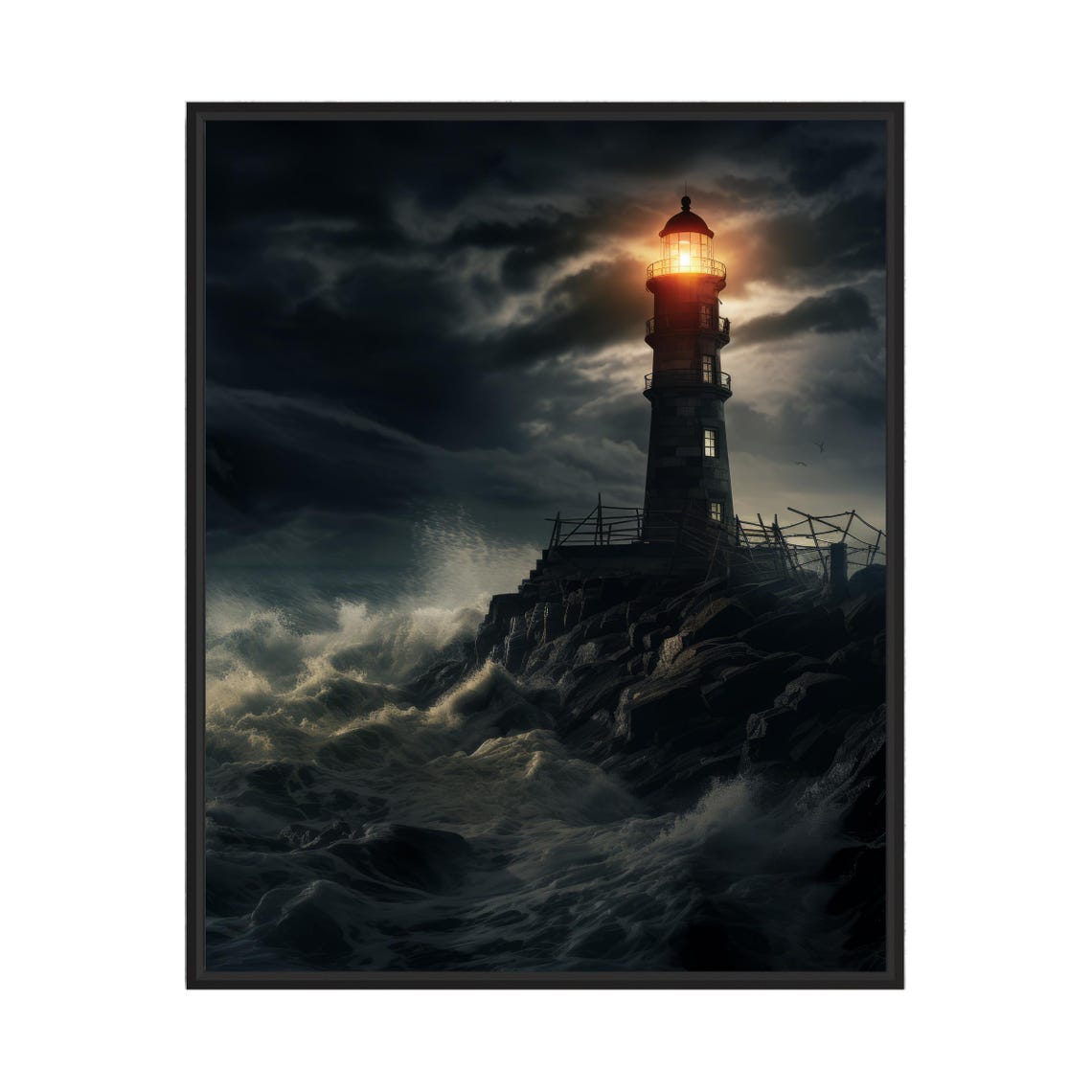 Lighthouse Shining Through A Stormy Night Sea Dramatic Poster