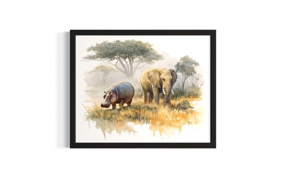 Hippo And Elephant Animal In Safair Harmony Poster Art Print Living Room Wall Original Painting Artwork Decor