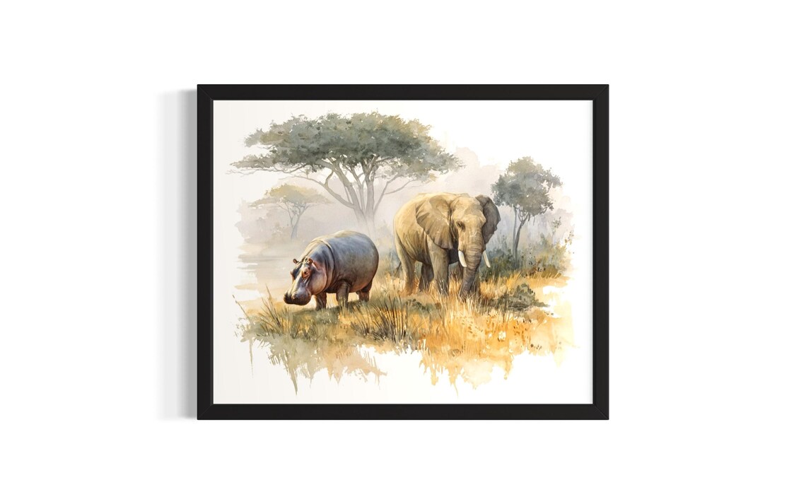 Hippo And Elephant Safari Watercolor African Savanna Wildlife Poster