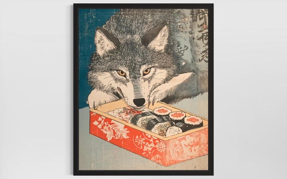 Wolf Animal Kitchen Sushi Poster Art Print Wall Original Painting Artwork Decor