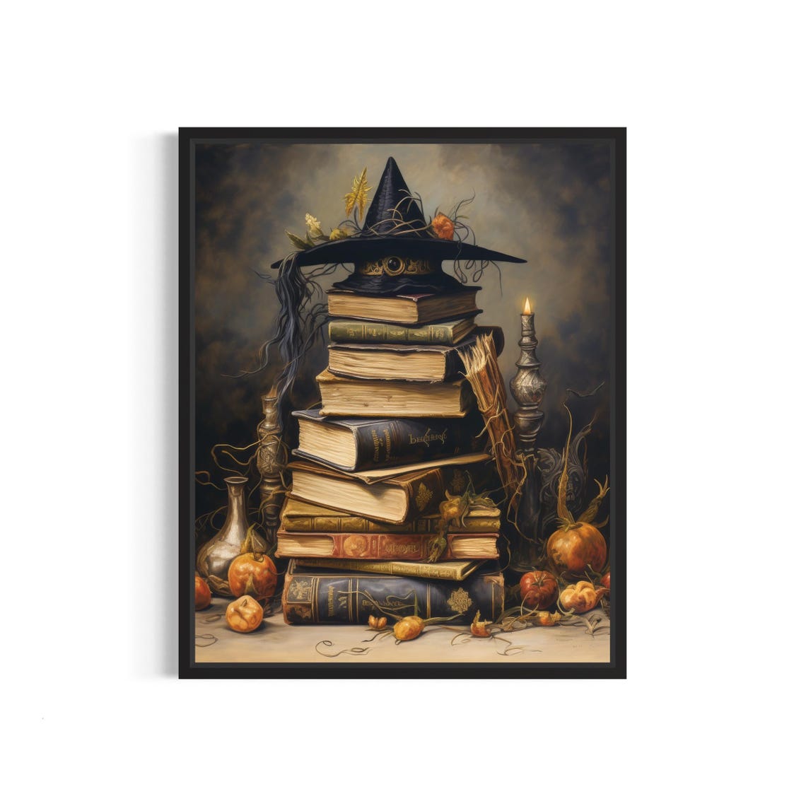 Stack of Spell Books With Witch Hat Halloween Still Life Poster