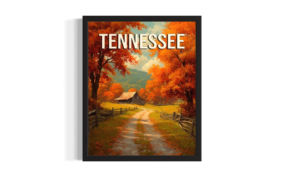 Tennessee Country Road Autumn Trees Log Cabin Folk Art Poster