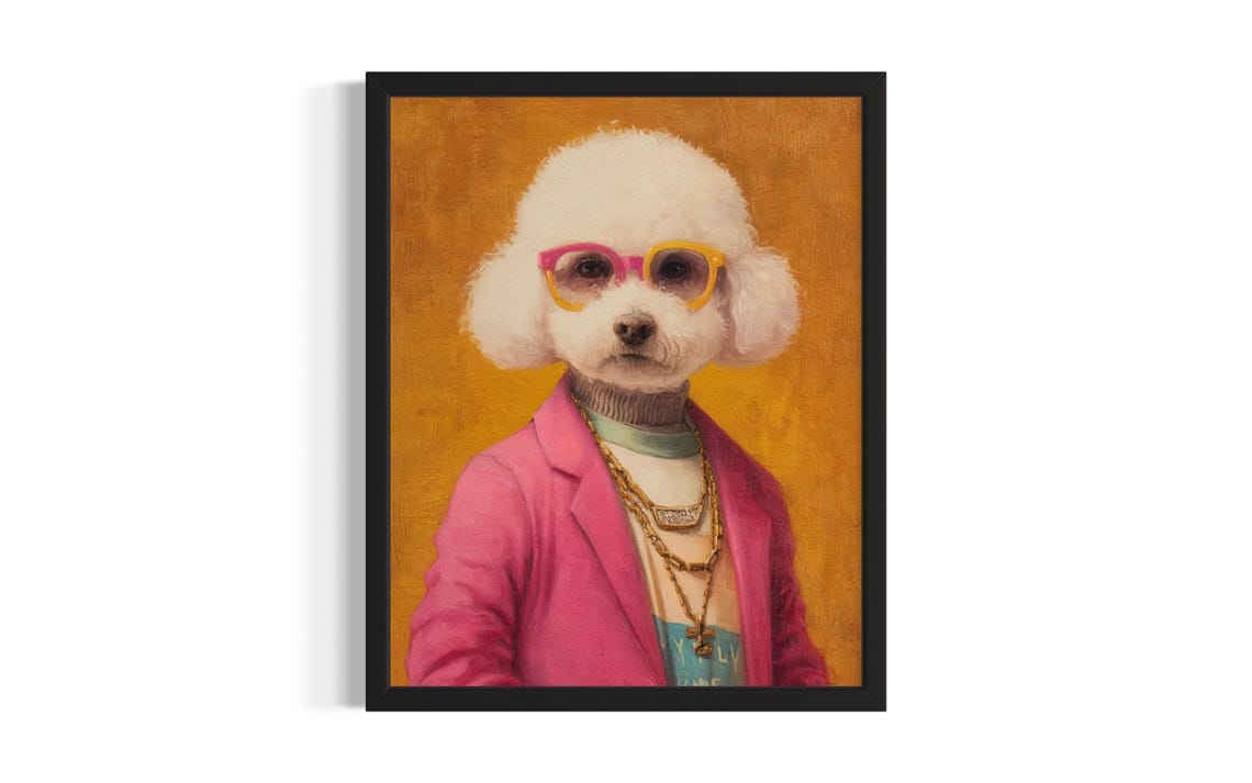 White Poodle Hip Hop Portrait Colorful Glasses Pink Suit Art Poster