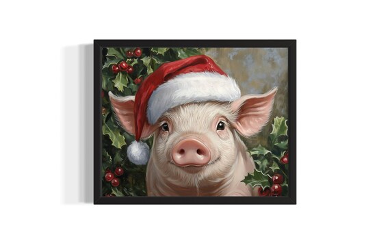 Cheerful Pig in Santa Hat with Holly Berries Christmas Painting Poster