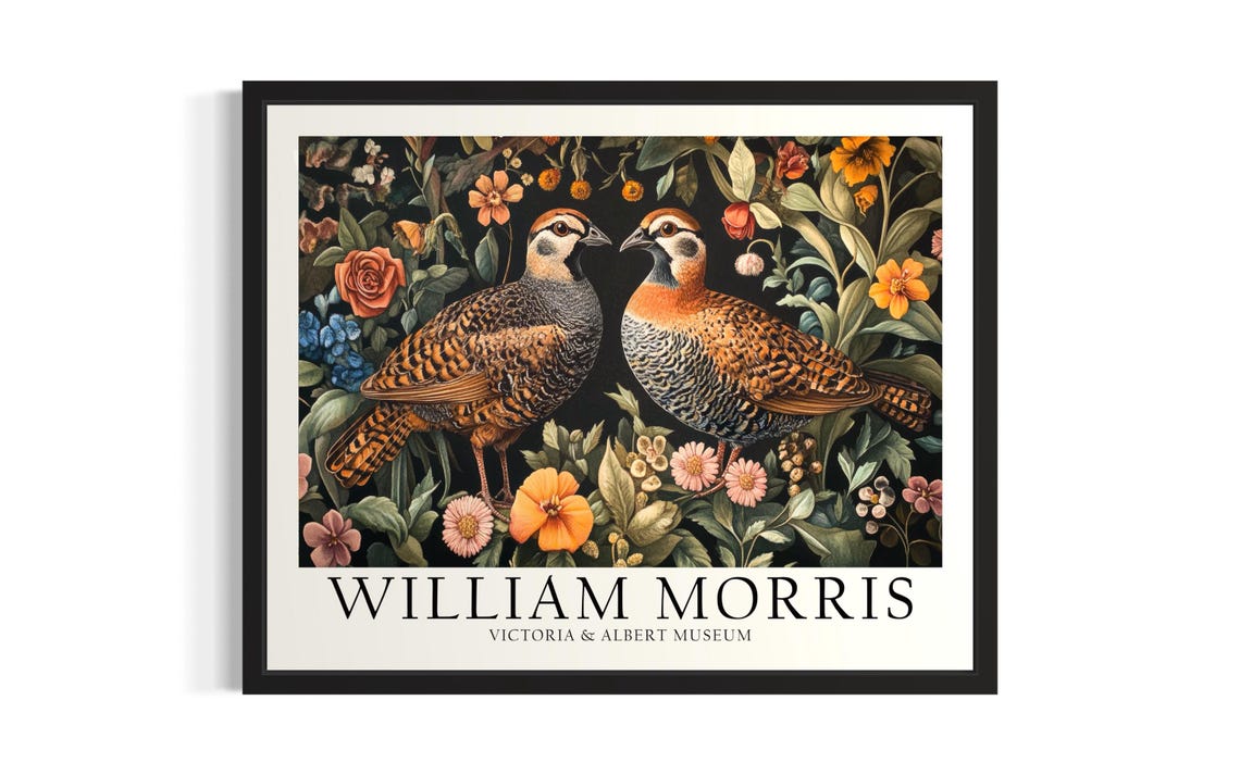William Morris Quails Floral Garden Pair Vintage Bird Poster