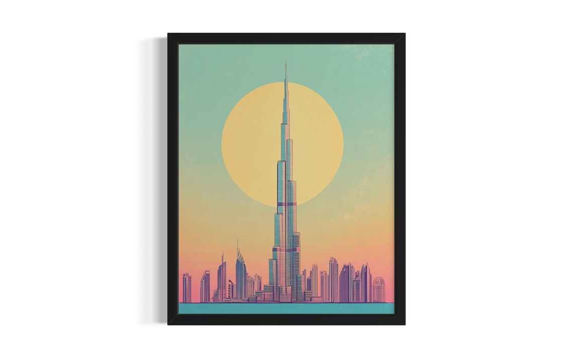 Burj Khalifa Dubai Sunset Minimalist Vintage Travel Art Poster