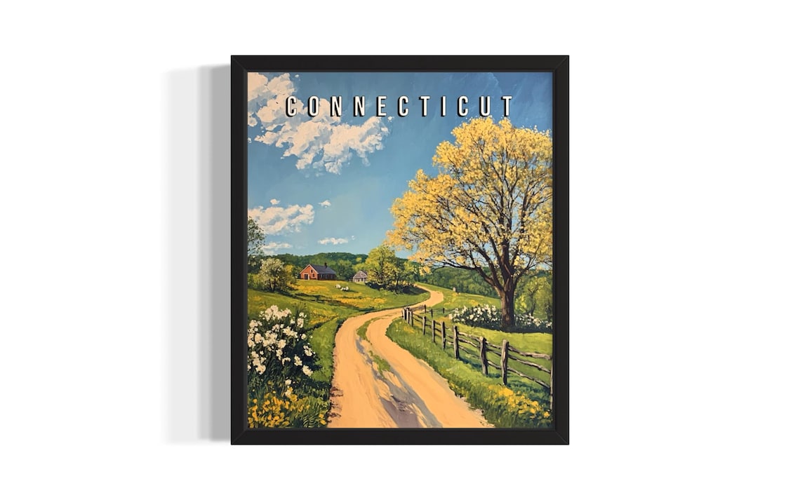 Connecticut Summer Lane Golden Tree Farmhouse Vintage Poster