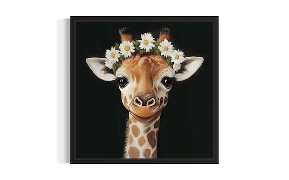 Baby Giraffe Daisy Crown Portrait on Black Background Poster