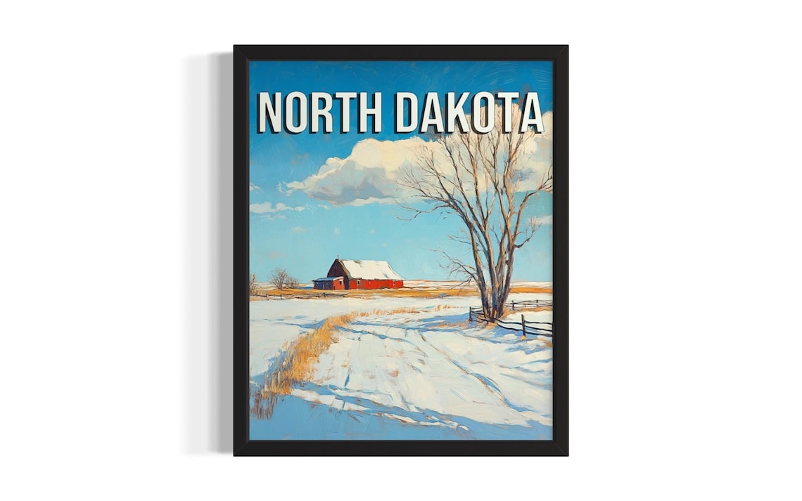 North Dakota Winter Red Barn Snowy Prairie Farm Painting Poster