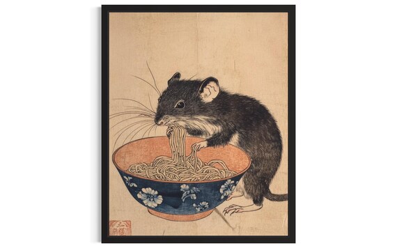 Rat Eating Noodles Japanese Woodblock Style Funny Kitchen Poster