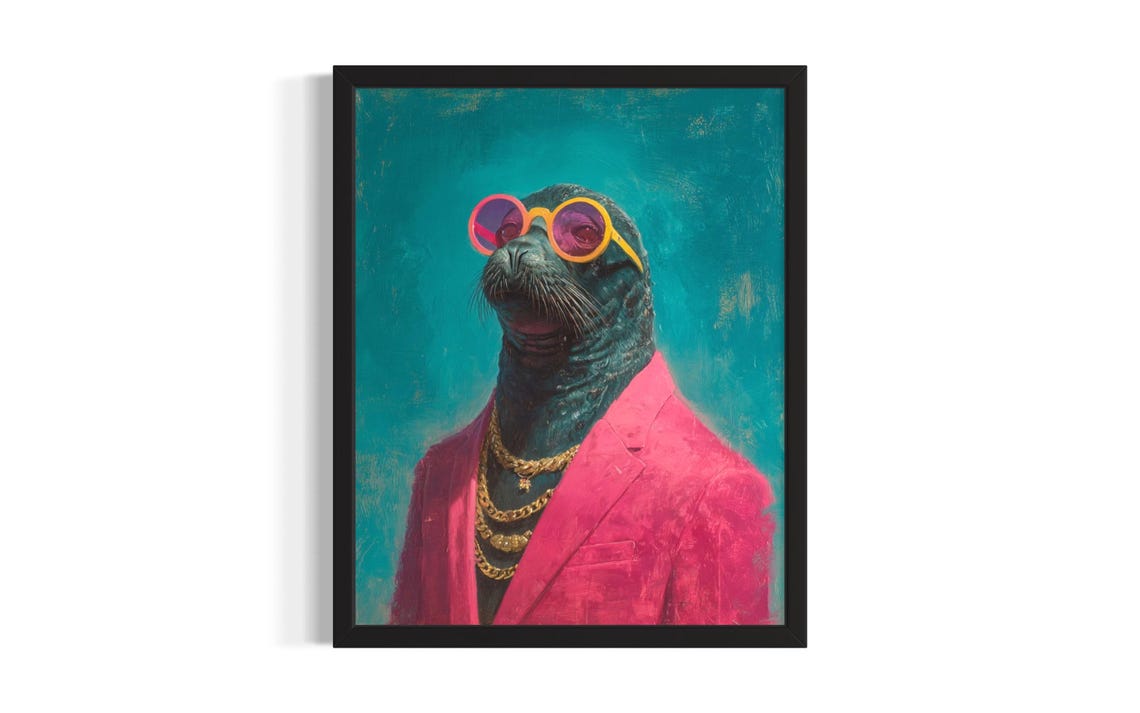 Funky Seal in Pink Suit with Round Sunglasses and Gold Chains Poster