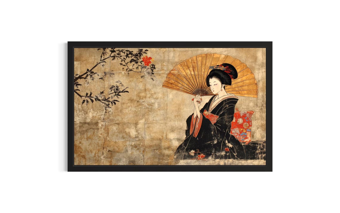 Woman With a Golden Folding Fan on Aged Gold Leaf Art Poster
