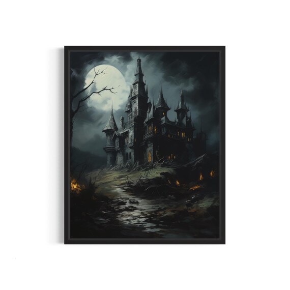 Gothic Castle Looming on a Hill Under a Full Moon Dark Art Poster