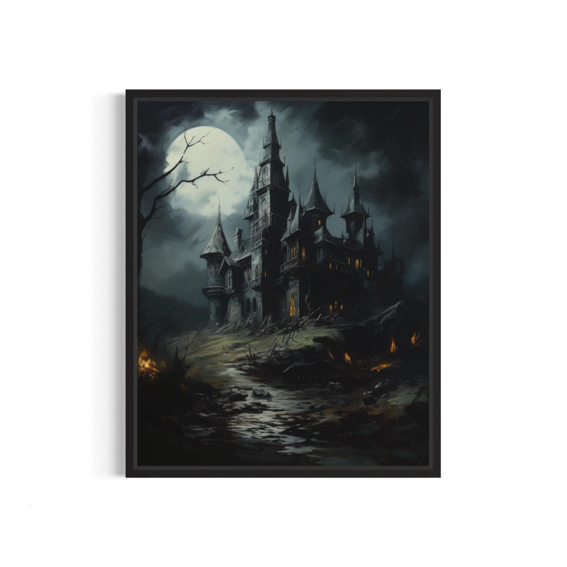 Gothic Castle Looming on a Hill Under a Full Moon Dark Art Poster