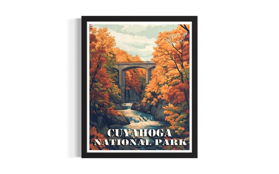 Cuyahoga National Park Vintage Autumn Waterfall Bridge Travel Poster