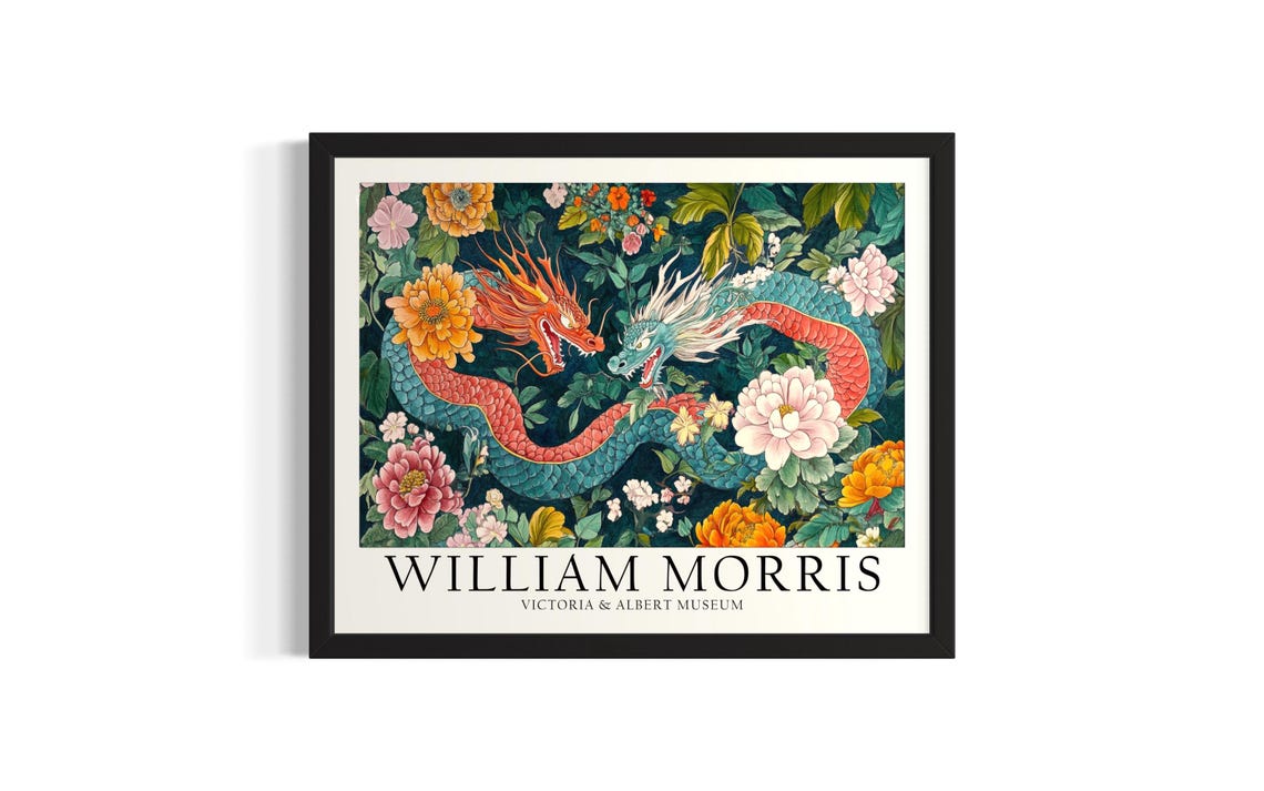 Two Chinese Dragons Among Peonies William Morris Inspired Art Poster
