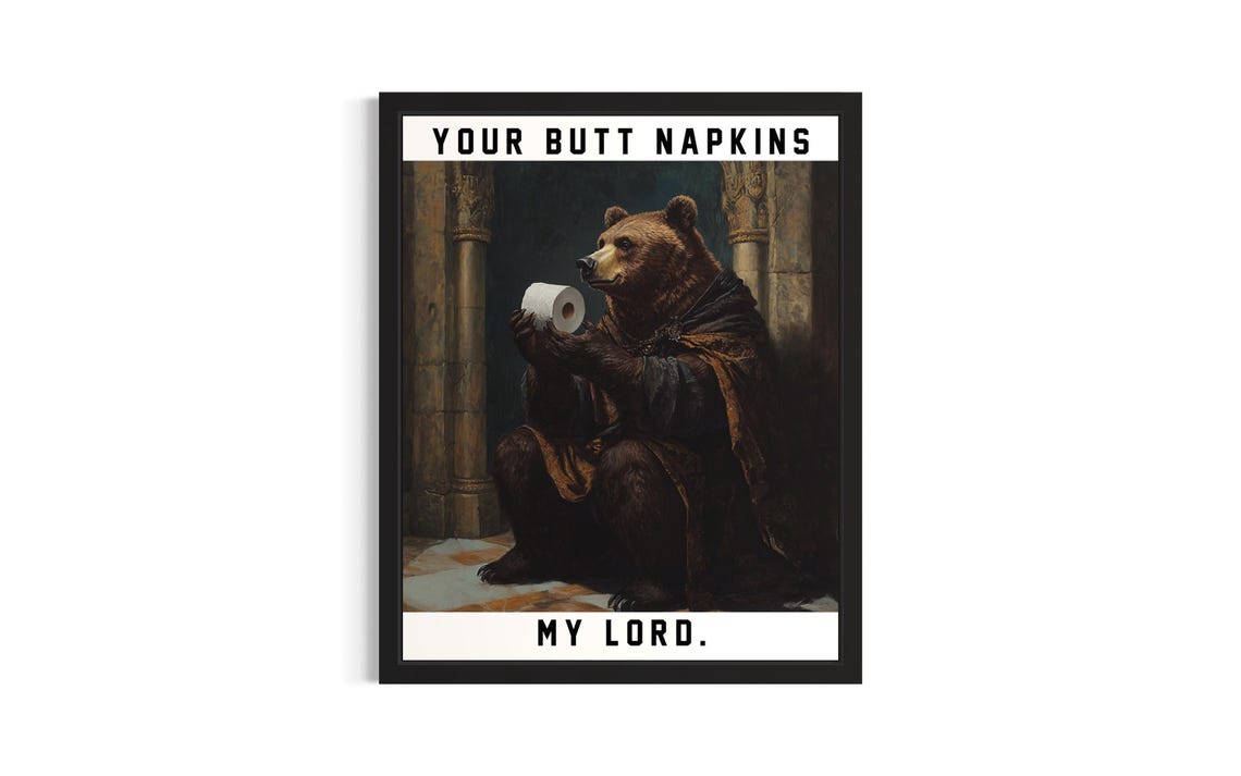 Brown Bear Butt Napkins Animals Poster Art Print Restroom Wall Original Painting Artwork Decor