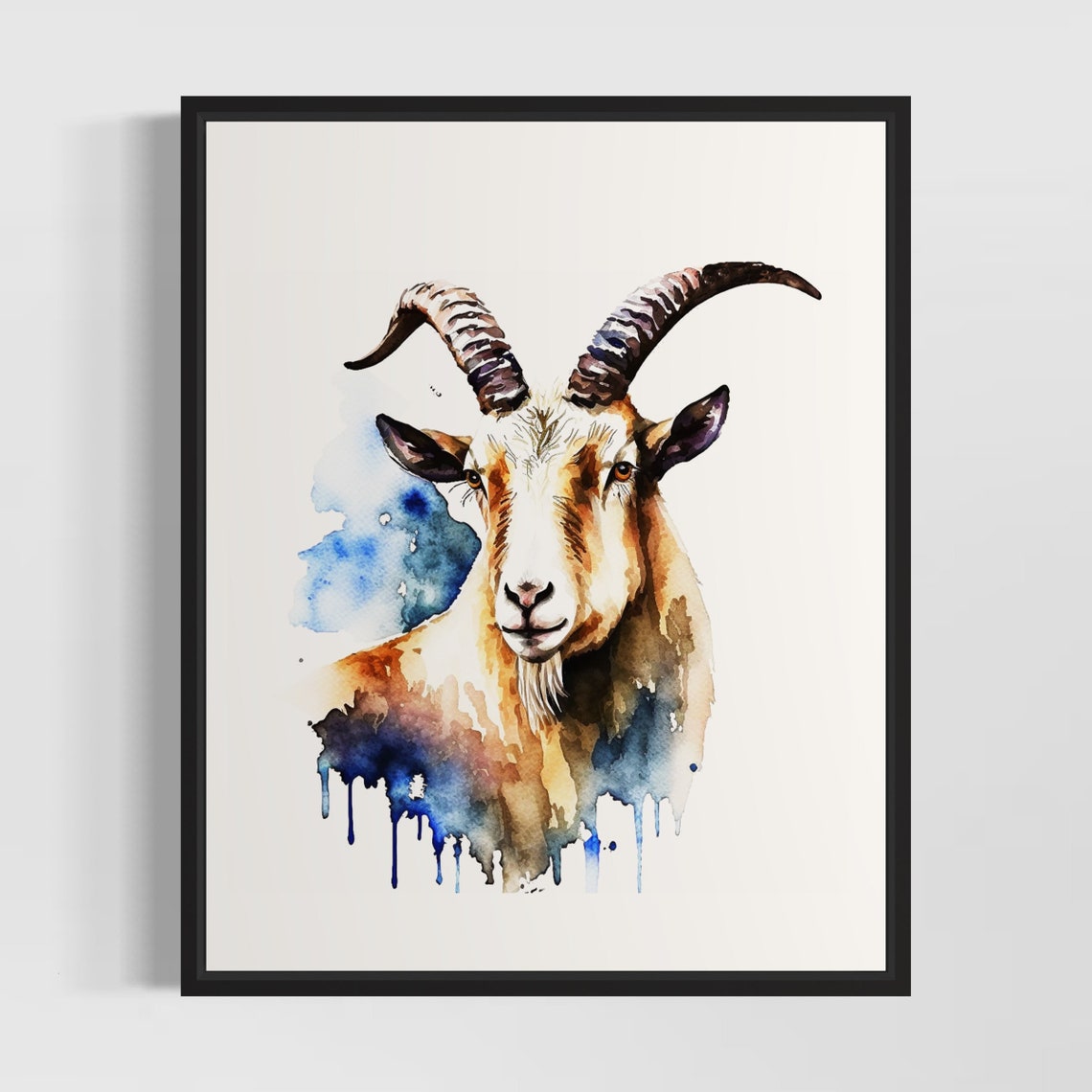 Mountain Goat With Curved Horns Watercolor Wildlife Portrait Poster